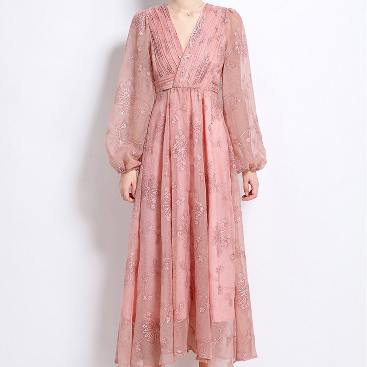 French Style Embroidered Sequin V Neck Lantern Sleeve Waist Defined Maxi Dress for Women Slim Fit Autumn Collection Wholesale