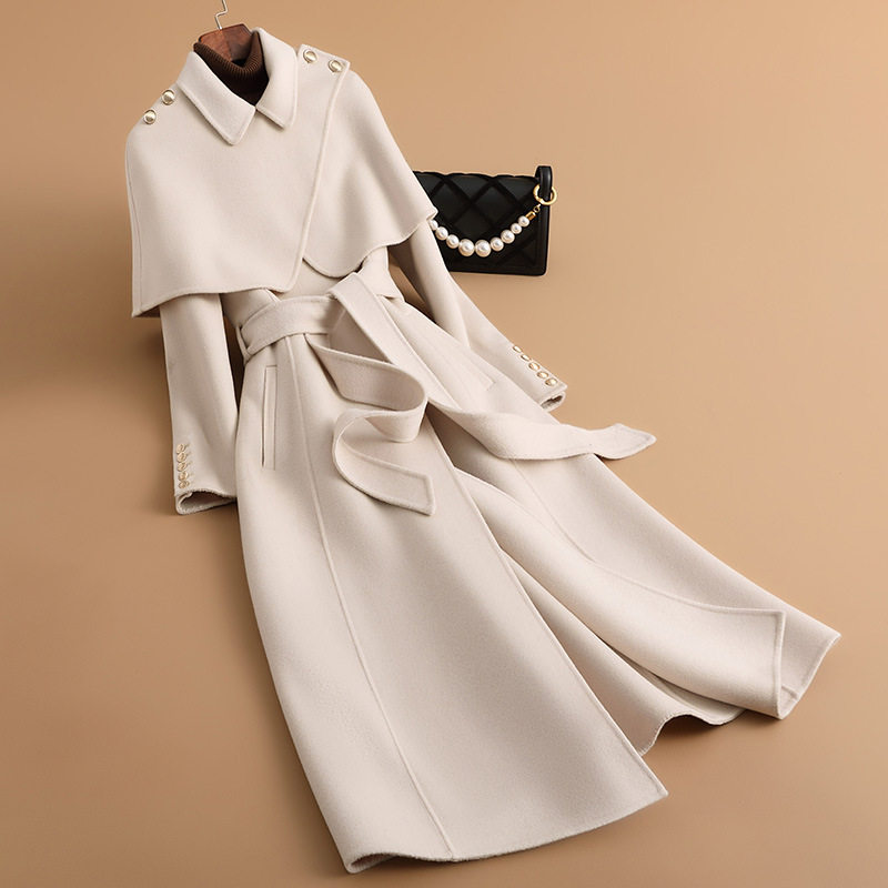 Áo Khoác Dạ Dáng Dài Nữ Hai Mặt Cổ chữ Vest Cape Tháo Rời Màu Đỏ, Kem, Nâu, Đen