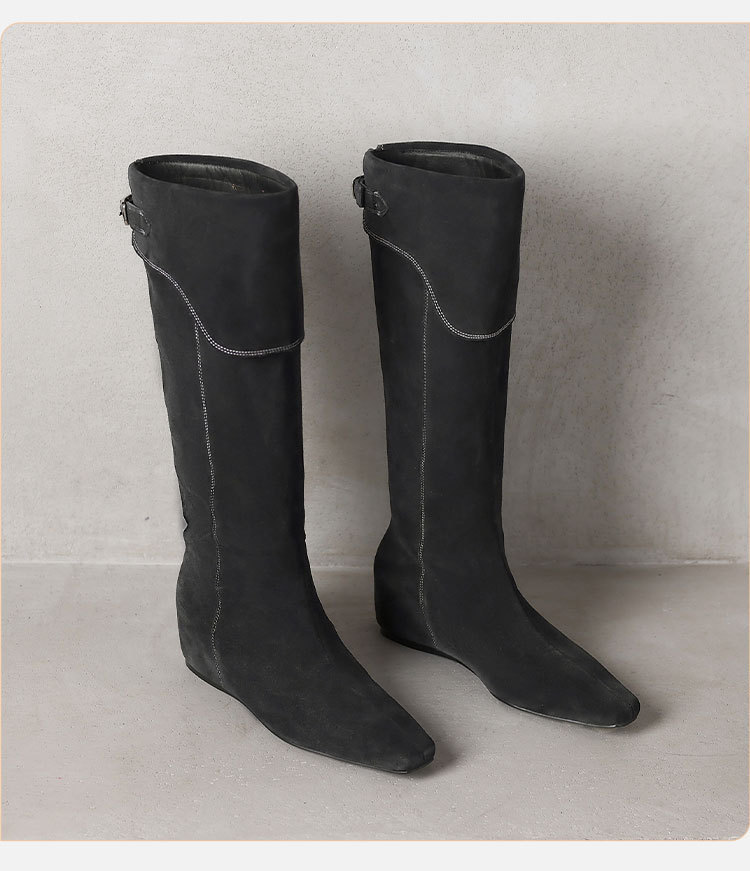Boot nữ cổ cao da lộn mũi vuông đế xuồng tôn chiều cao — Màu nâu, xanh xám