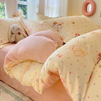 Milk Velvet Bed Four-Piece Set Thickeneded Quilt Cover Winter Coral Velvet Warm Quilt Cover Bed Sheets Three-Piece Set Amazon