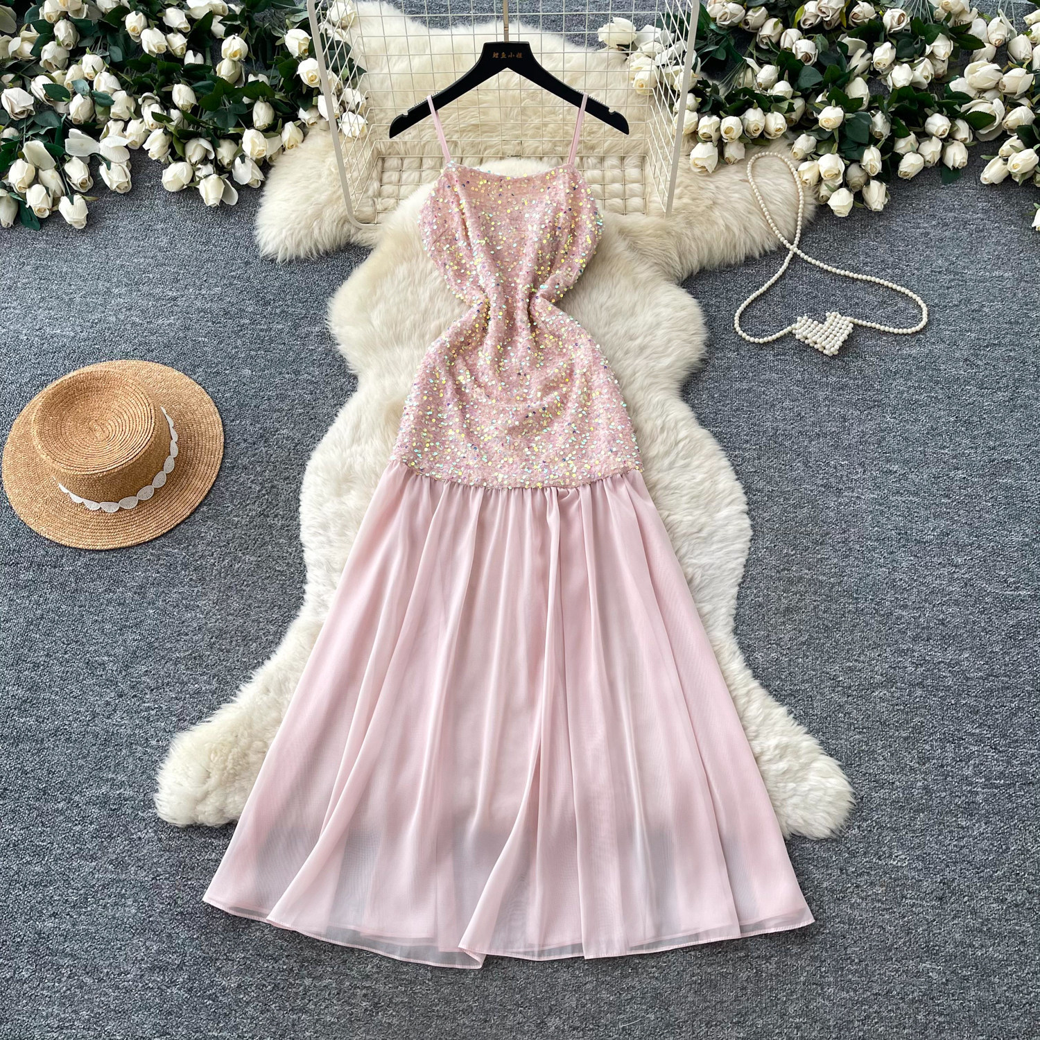 French Style Sequin Halter Neck A Line Dress Waist Defined Mesh Panel Elegant Design Evening Gown for Special