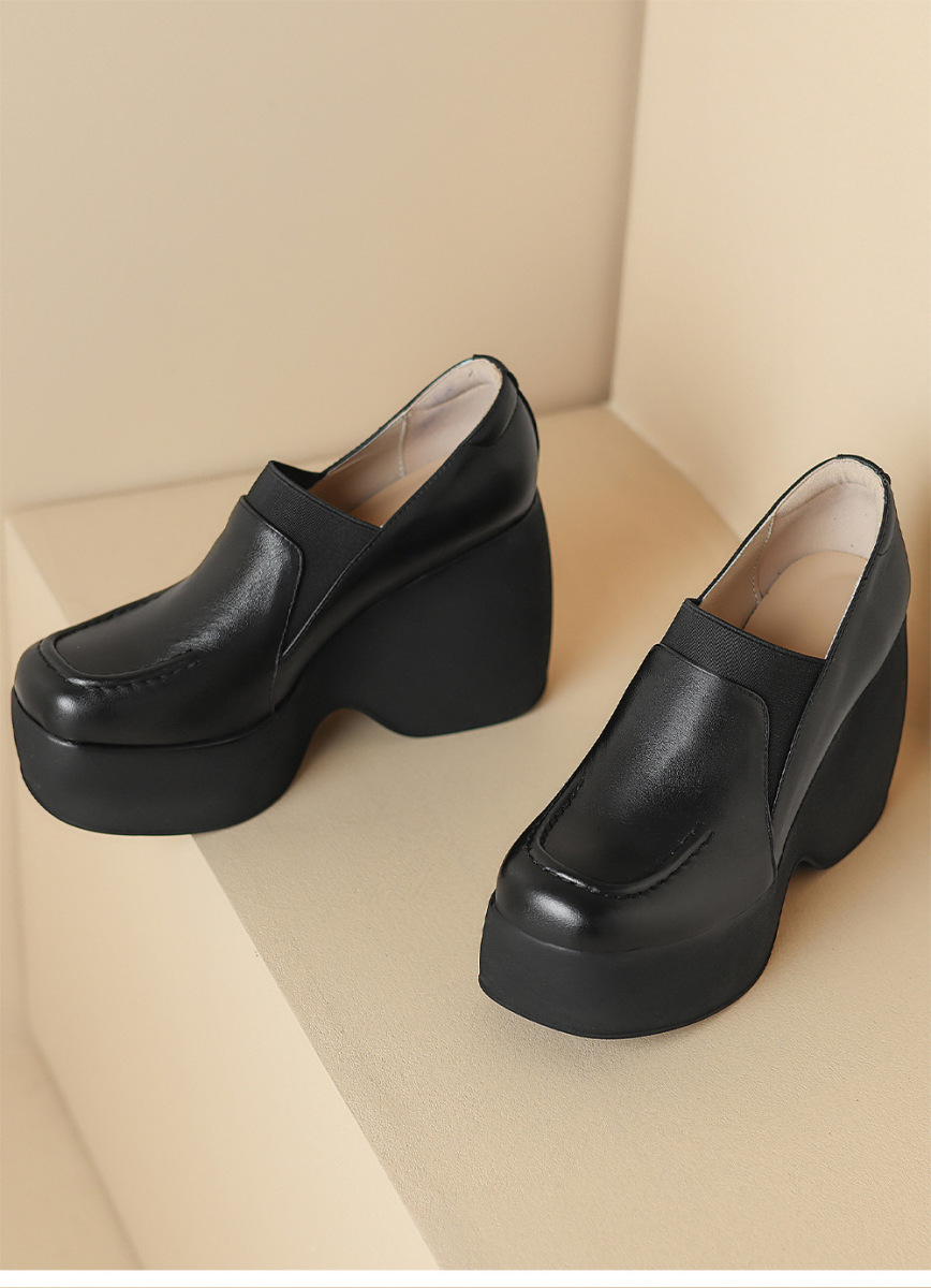 Giày cao gót nữ đế xuồng platform da bò mũi tròn gót 9cm — Màu đen