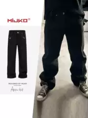 MIJKO Men's and Women's Metal Buckle Straight-Leg Jeans, Unisex Washed Street Style Black Multi-Size Trousers