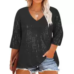 in stock 2024 Fall/Winter New Amazon eBay European and American Loose plus size Retro Casual V-Neck Sequin T-Shirt for Women