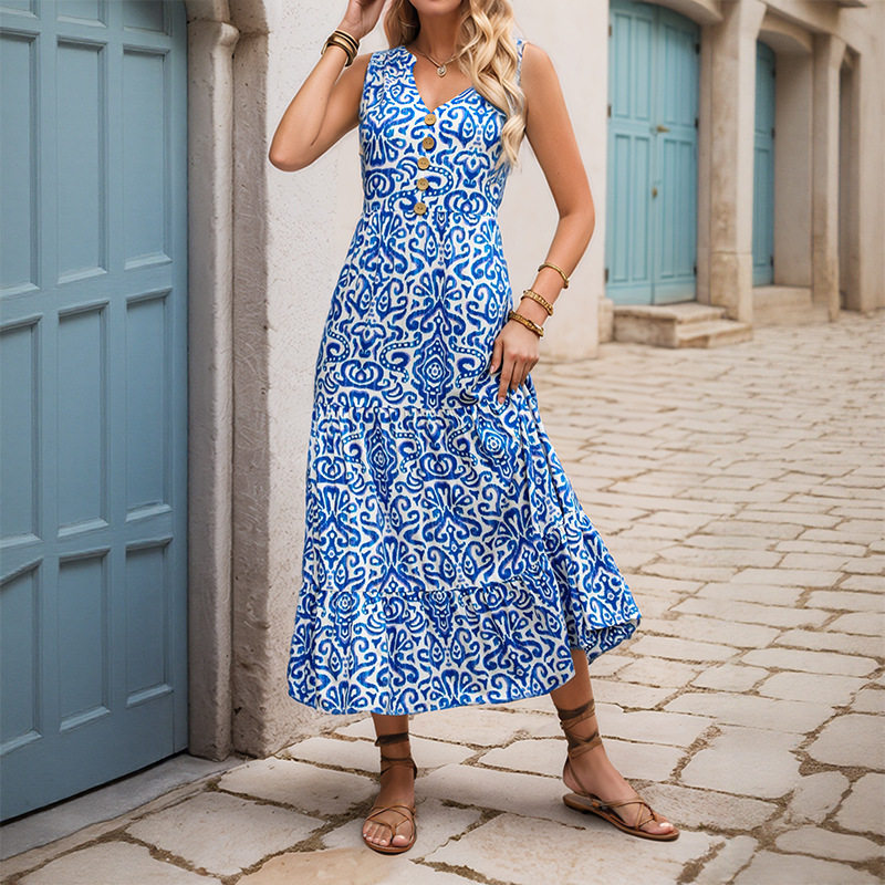 Sleeveless V Neck Abstract Floral Print Dress Summer Style Lightweight Fabric Trendy Design Wholesale Available