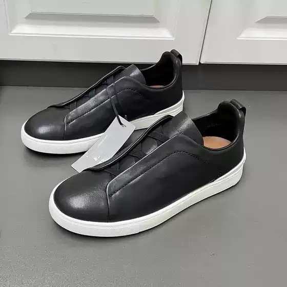 European Export Men's Genuine Leather Casual Sports High-End Sneakers, Elastic Slip-On White Shoes, Easy-To-Wear Loafers