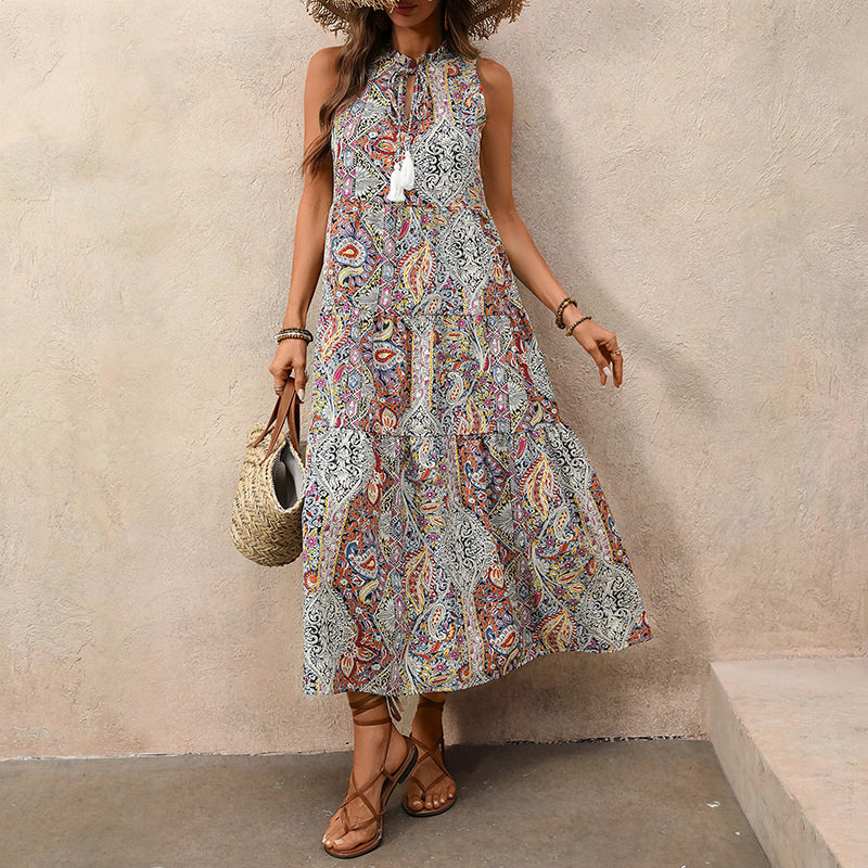 Vintage Bohemian Print Sleeveless Dress Stand Collar Drawstring Waist Relaxed Fit Perfect for Summer Vacations