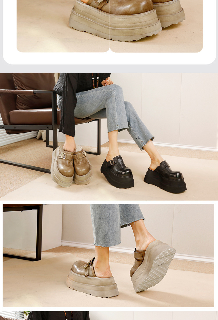 Dép sandal nữ bít mũi da bò đế dày êm chân — Màu đen, Màu đỏ, Màu kaki