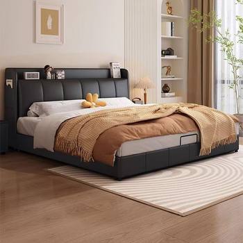 Italian Minimalist Leather Bed Double Bed Master Bedroom Large Bed Small Apartment Multi-Functional Solid Wood Soft Bed with Light Storage
