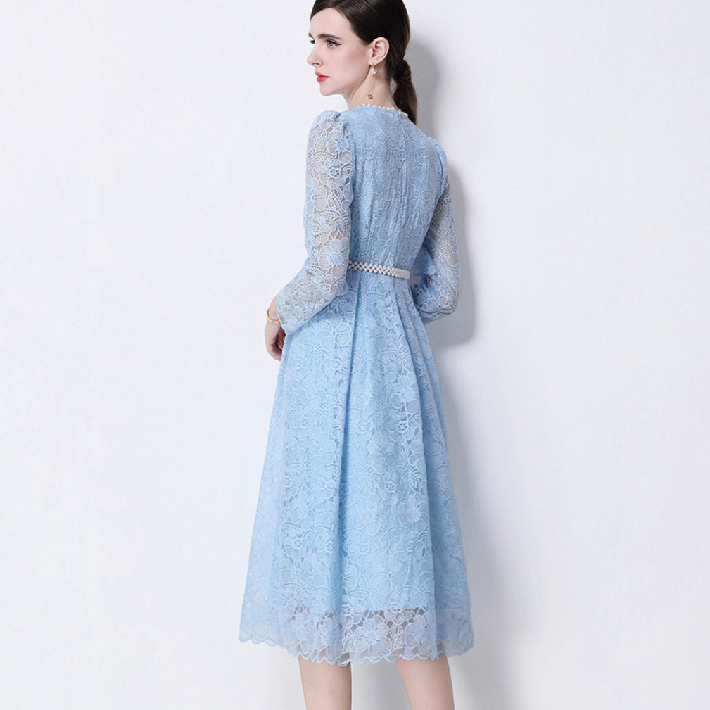 French Elegant Lace Dress Beaded Waist Tie Floral Design Evening Wear Cocktail Party Wholesale Available