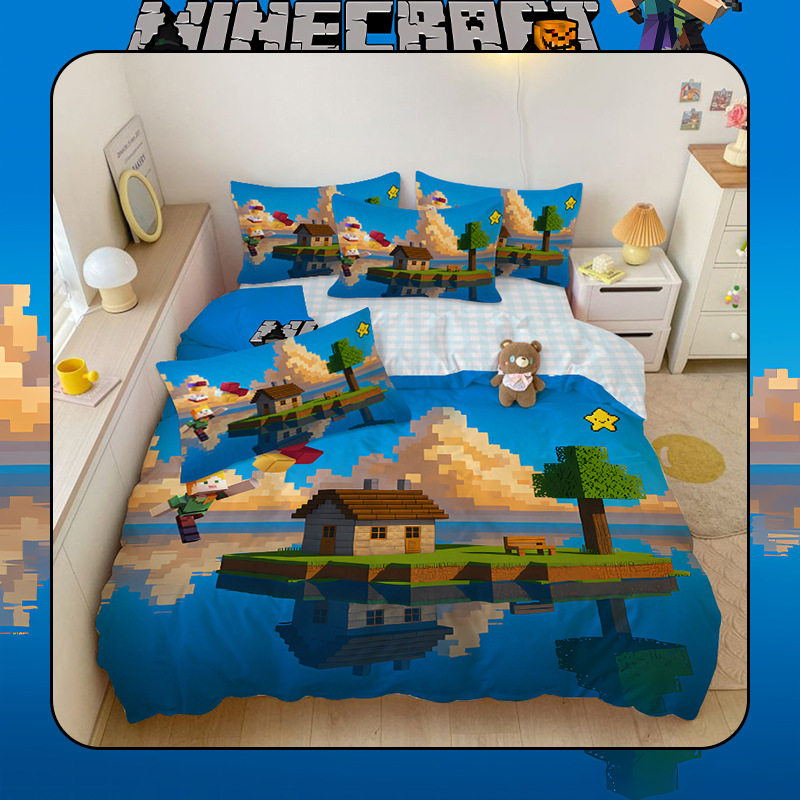 Minecraft Game All-Cotton Four-Piece Set Cartoon Steve Three-Piece Set Student Dormitory Home Bedroom Duvet Cover