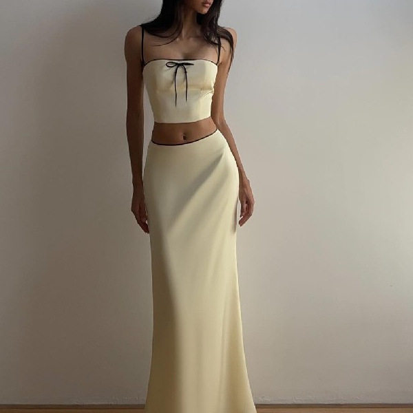 Sweet Lace Trim Cami Top and Long Skirt Set Adjustable Straps Elegant Design Winter Fashion Wholesale Available