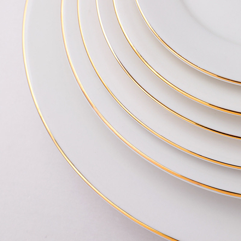 Wholesale Gold-Rimmed Ceramic Round Western Food Plates, Household Dishes, Shallow Plates, Flat Plates, Cold Dishes, Steak Plates, Pasta Plates