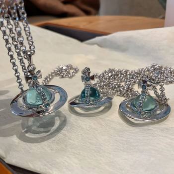 Glacier Blue Orb Necklace for Women, Same Style as European and American Celebrities, Three-Dimensional Planet Medium Saturn High Version Wholesale