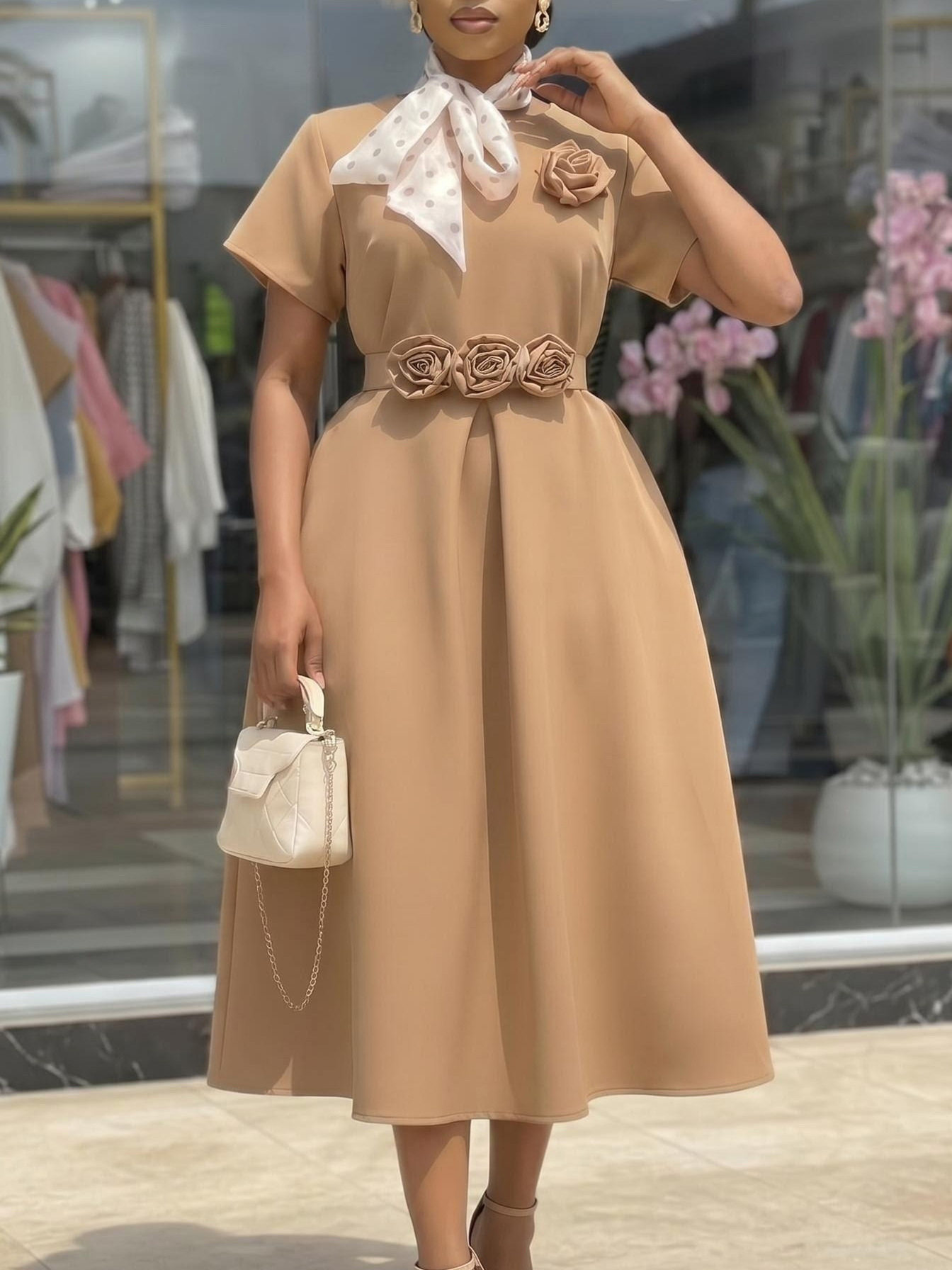 D627 Women's Clothing Round Neck Short Sleeves Three-dimensional Flower Large Skirt Elegant Dress