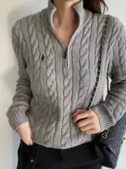Rl Ralph Lauren Autumn and Winter Stand Collar Knit Sweater for Men, Cable Knit Couple's Half-Zip Embroidered Sweater for Women, with Qr Code