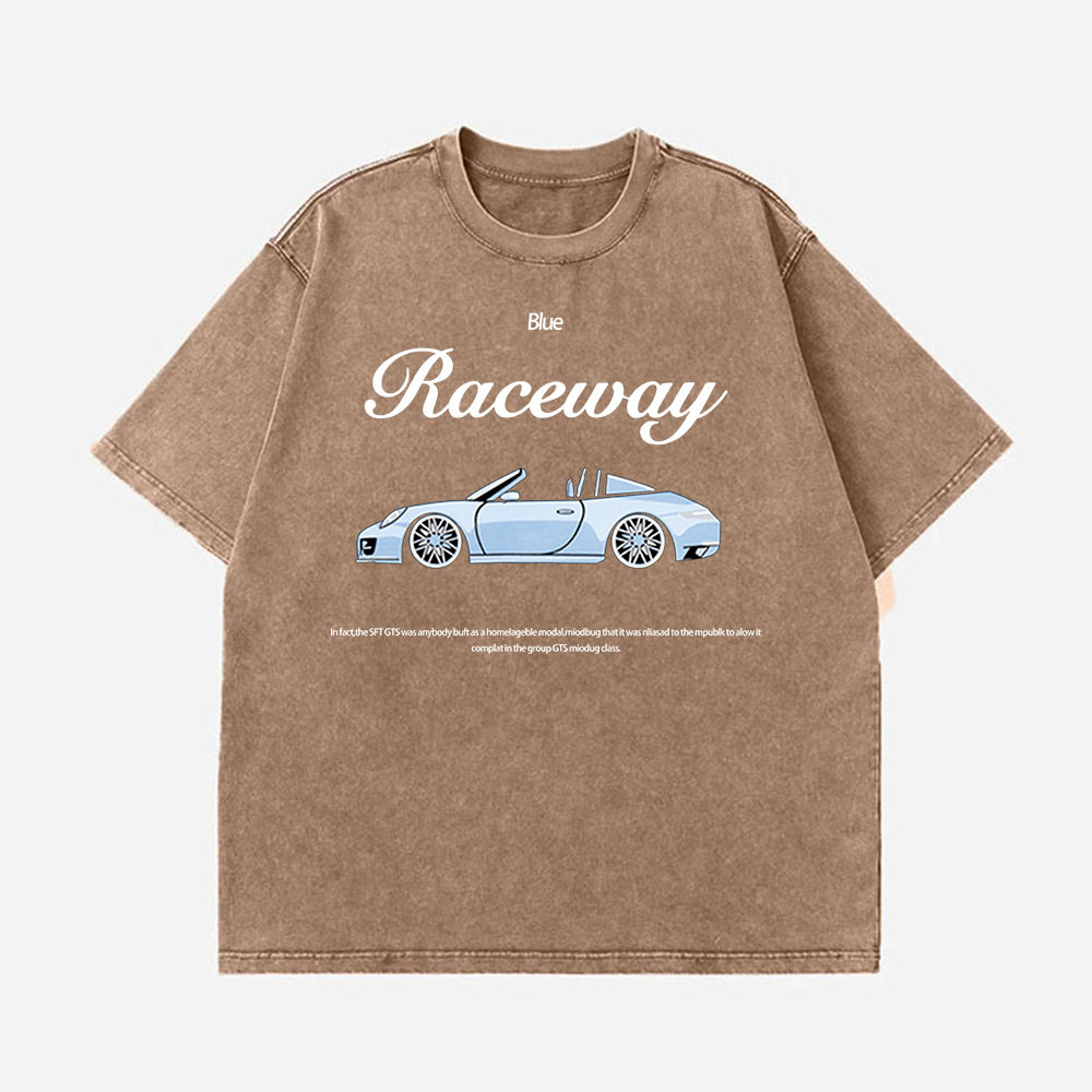Loose Fit European Style Car Print Short Sleeve T Shirt for Women Summer Wash Effect Vintage Design Casual Top