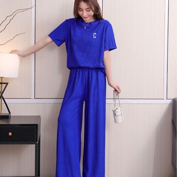 Southeast Asia's Popular Thousand-Leaf Pleated Embroidered Suit for Women, Summer Long Pants Two-Piece Set, Home Casual Fashion Suit