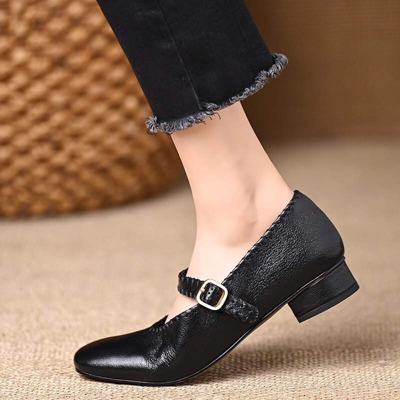 Giày Mary Jane nữ gót thô 3cm mũi tròn phong cách cổ điển mềm êm — màu đen, nâu
