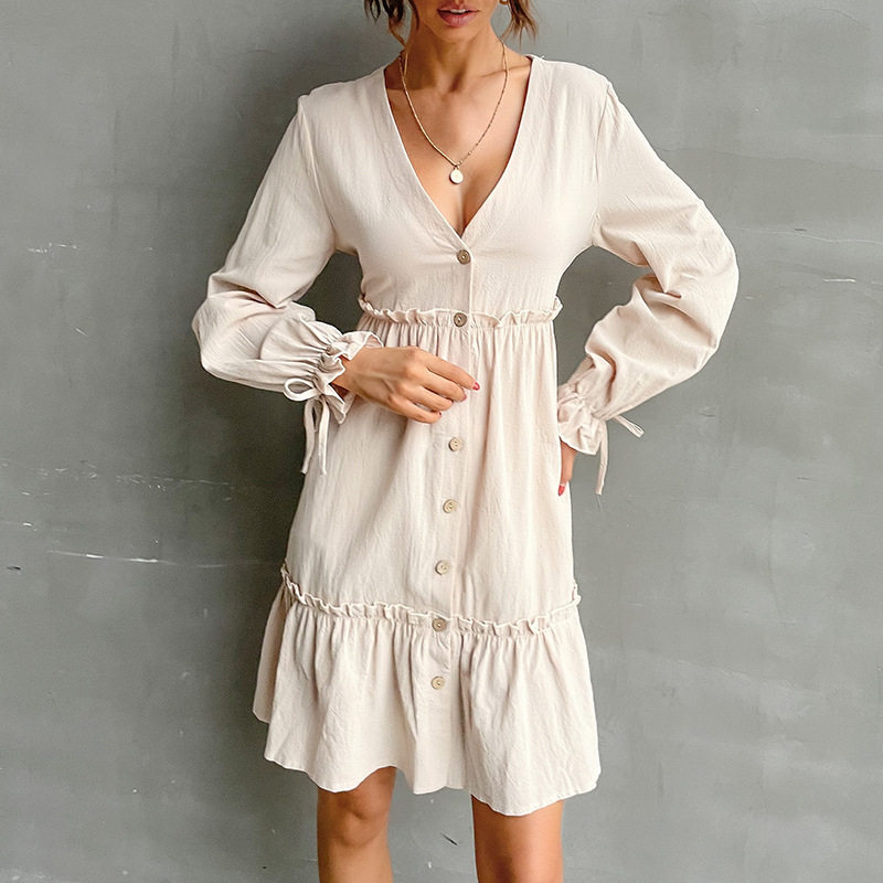 Slim Fit Cardigan Dress Ruffle Trim Long Sleeve Solid Color Casual Wear Suitable for Spring and Autumn Wholesale