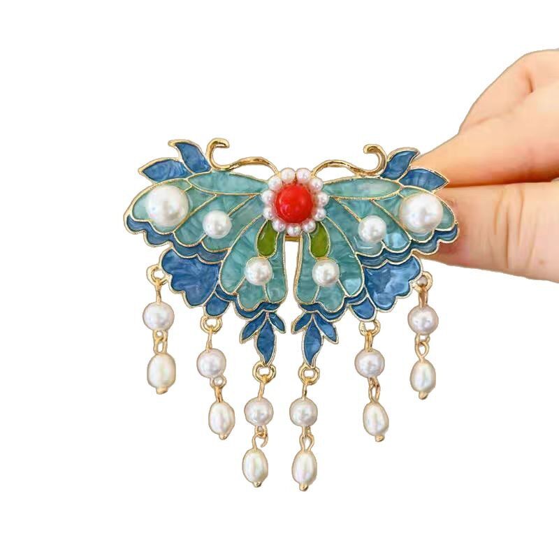 New Chinese-Style Butterfly Blue Exquisite Small Hairpin for Elegant Girls' Bun Side Hair Accessory with Cheongsam Hairpin