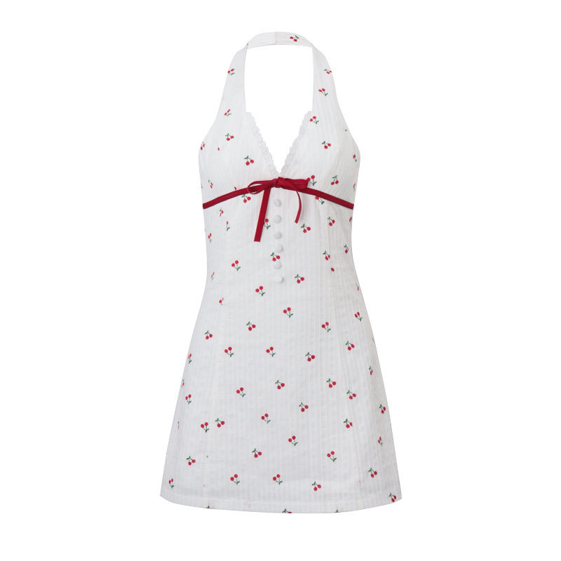 Chic Deep V Backless Cherry Print Dress Sweet and Spicy Style Perfect for Winter Parties Wholesale Available