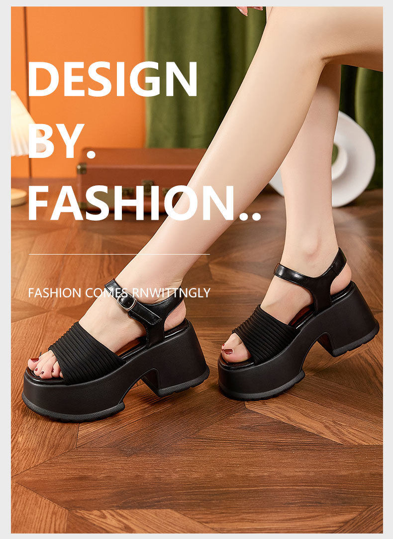 Dép sandal nữ quai chữ V đế dày platform mùa hè — Đen, Len nguyên chất chi tiết 10