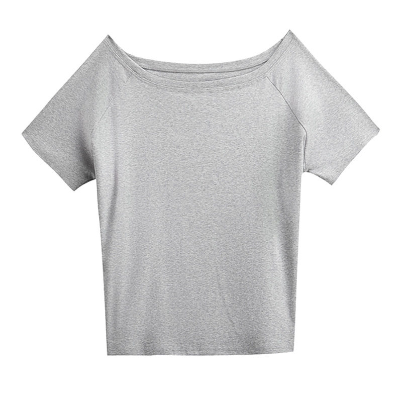 一字肩露斜肩灰色宽松短袖t女外穿高级感休闲春夏款落肩设计上衣