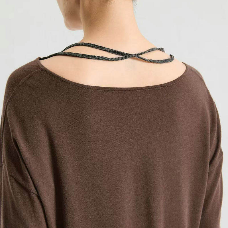 跨境女装26春夏新款BC风V领珠链挂脖针织衫美丽诺羊毛长袖上衣