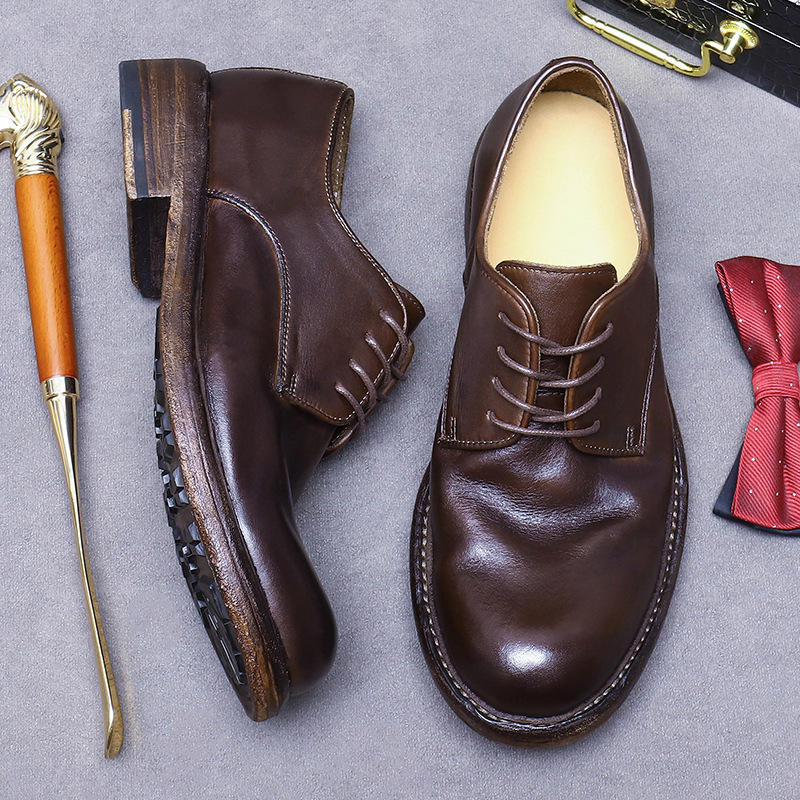 Giày Derby nam da bò thật đế da khâu Goodyear mũi tròn — Màu nâu