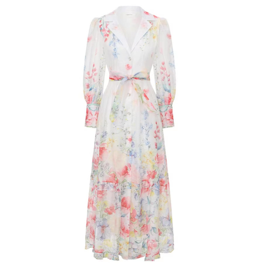 Floral Print Lantern Sleeve Dress Elegant Suit Collar Ruffled Hem Waist Defined Spring Autumn Vacation Wear