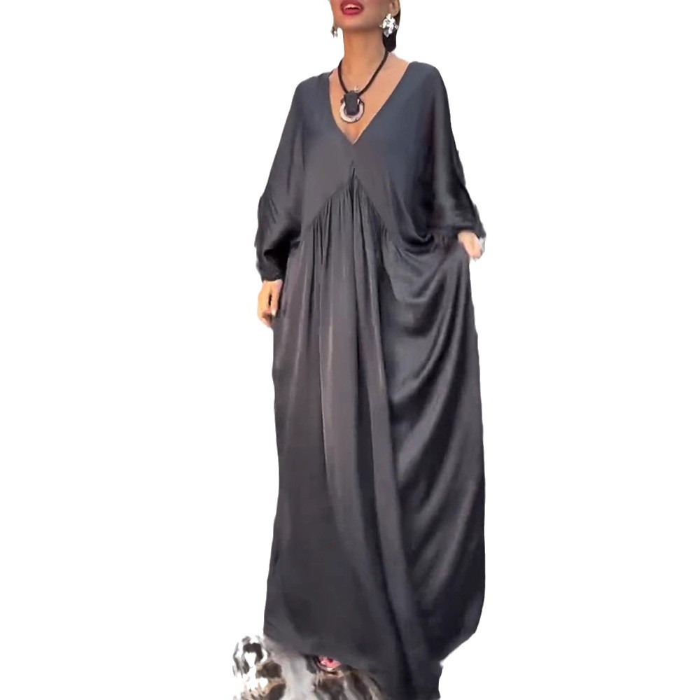V Neck Long Sleeve Dress Solid Color Waist Defining Loose Fit Autumn Winter Fashion for Women Wholesale Available