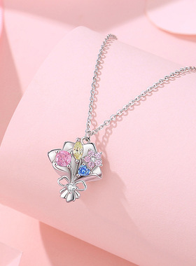 S925纯银花束项链女时尚百搭花朵甜美蝴蝶结锁骨链精致气质礼物