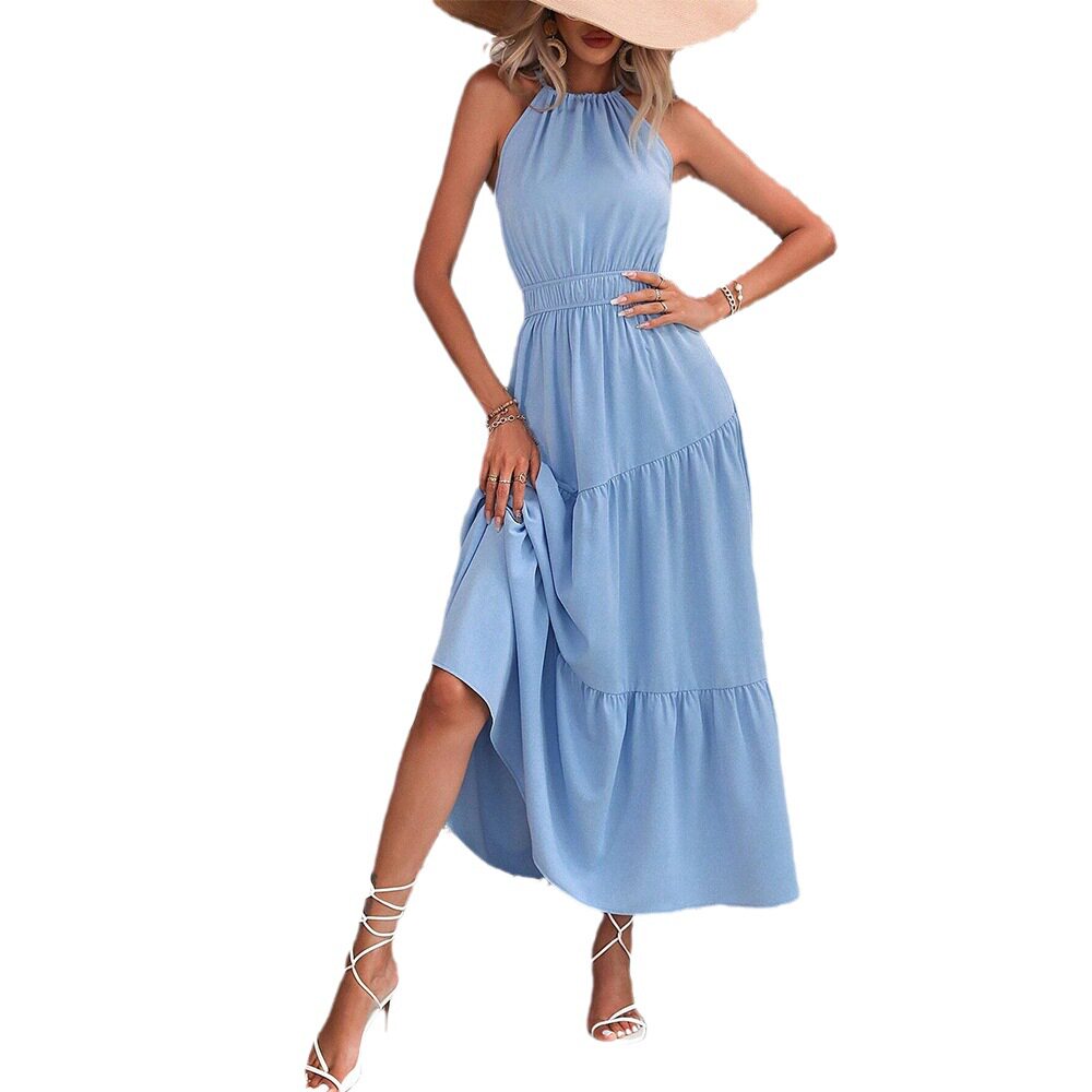 Womens Sleeveless Halter Dress Waist Defined Cake Skirt Design Casual Vacation Wear OEM Available