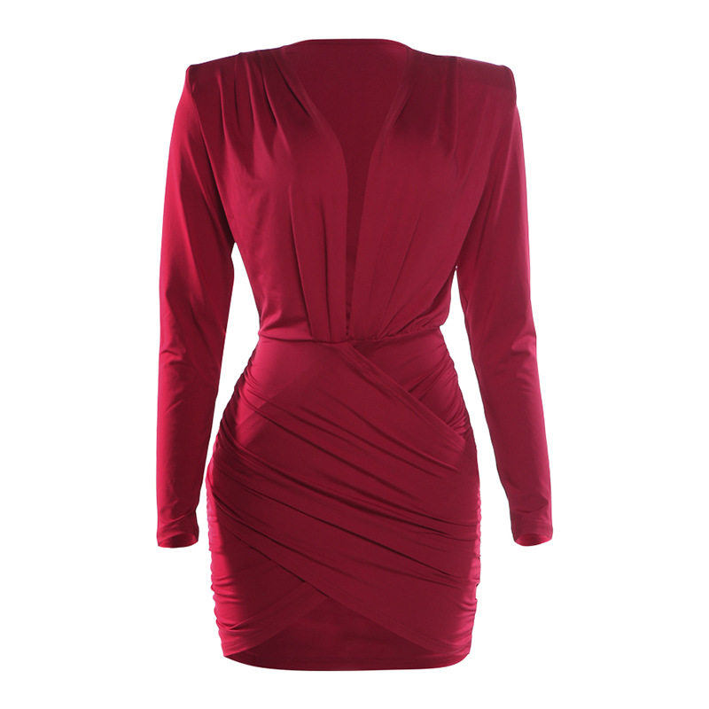 Fashionable Long Sleeve Bodycon Dress Solid Color Pleated Deep V Neck Sexy Autumn Winter Wear Wholesale Available