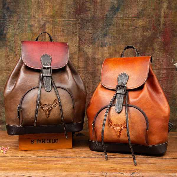 Balo Da Thật Nữ Vintage Thủ Công Màu Nâu Đậm, Nâu Vàng