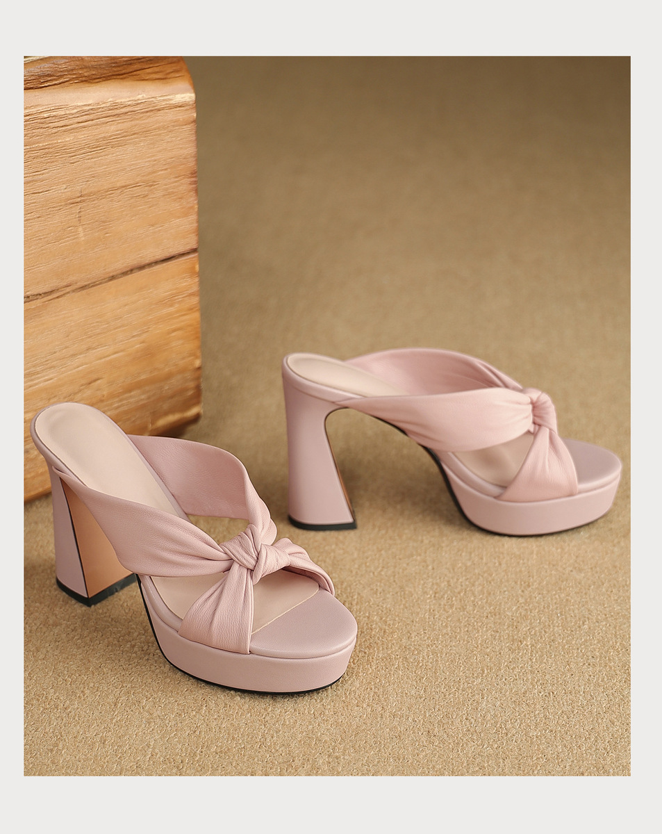 Sandal nữ quai ngang gót thô đế xuồng, mũi tròn da cừu, đi ngoài trời — Đen 10cm, Đen 8cm, Màu hồng 10cm, Màu hồng 8cm