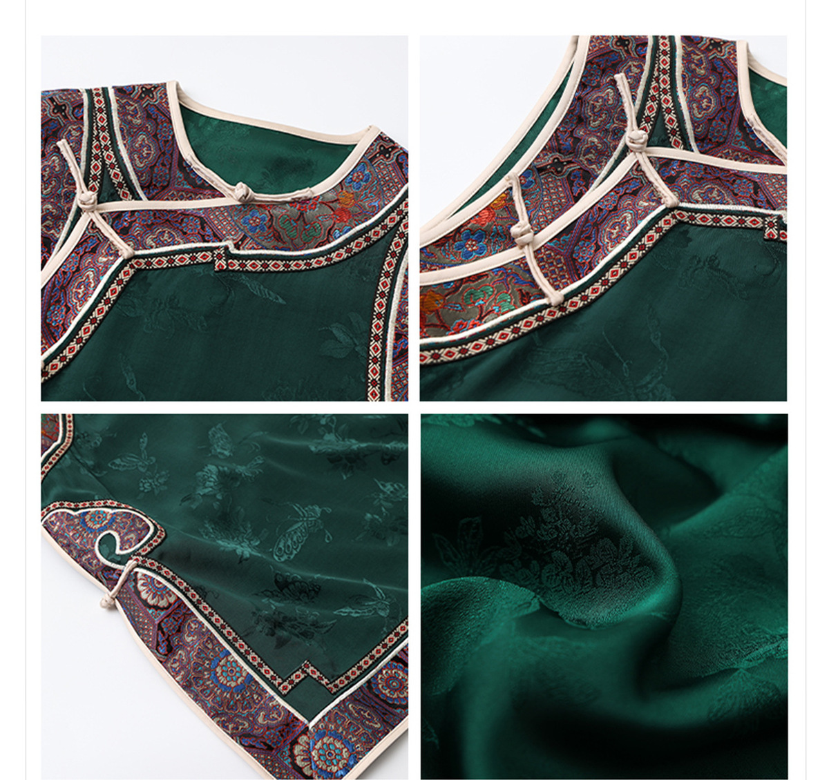 Áo vest nữ dáng trung dài màu xanh lá họa tiết hoa thêu