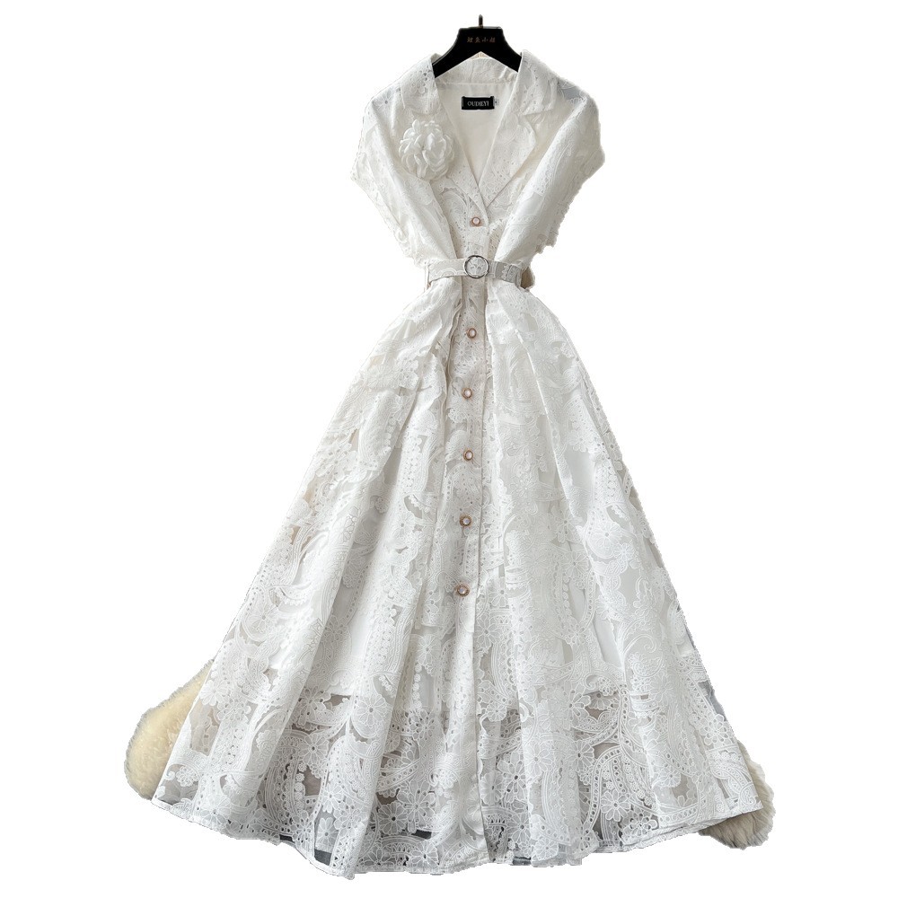 French Lace Floral Hollow Out Maxi Dress High Waist Slim Fit Elegant Style Perfect for Formal Occasions Wholesale