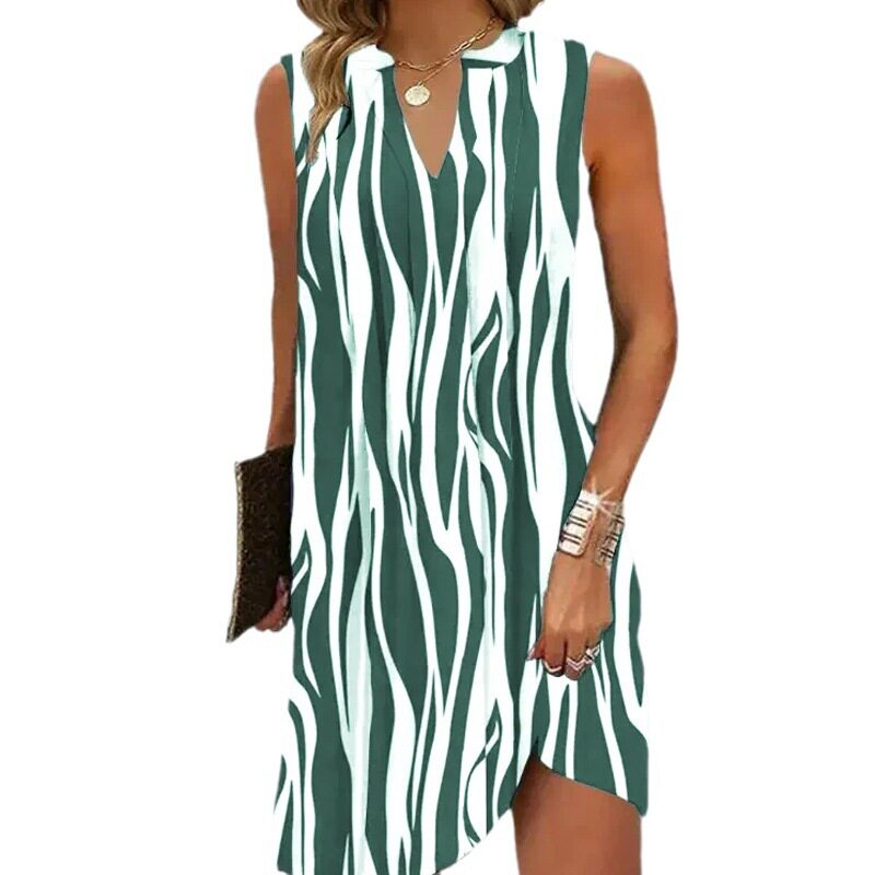 A Line Sleeveless Dress Multi Color V Neck Floral Print Summer Casual Wear Ready to Ship bulk order