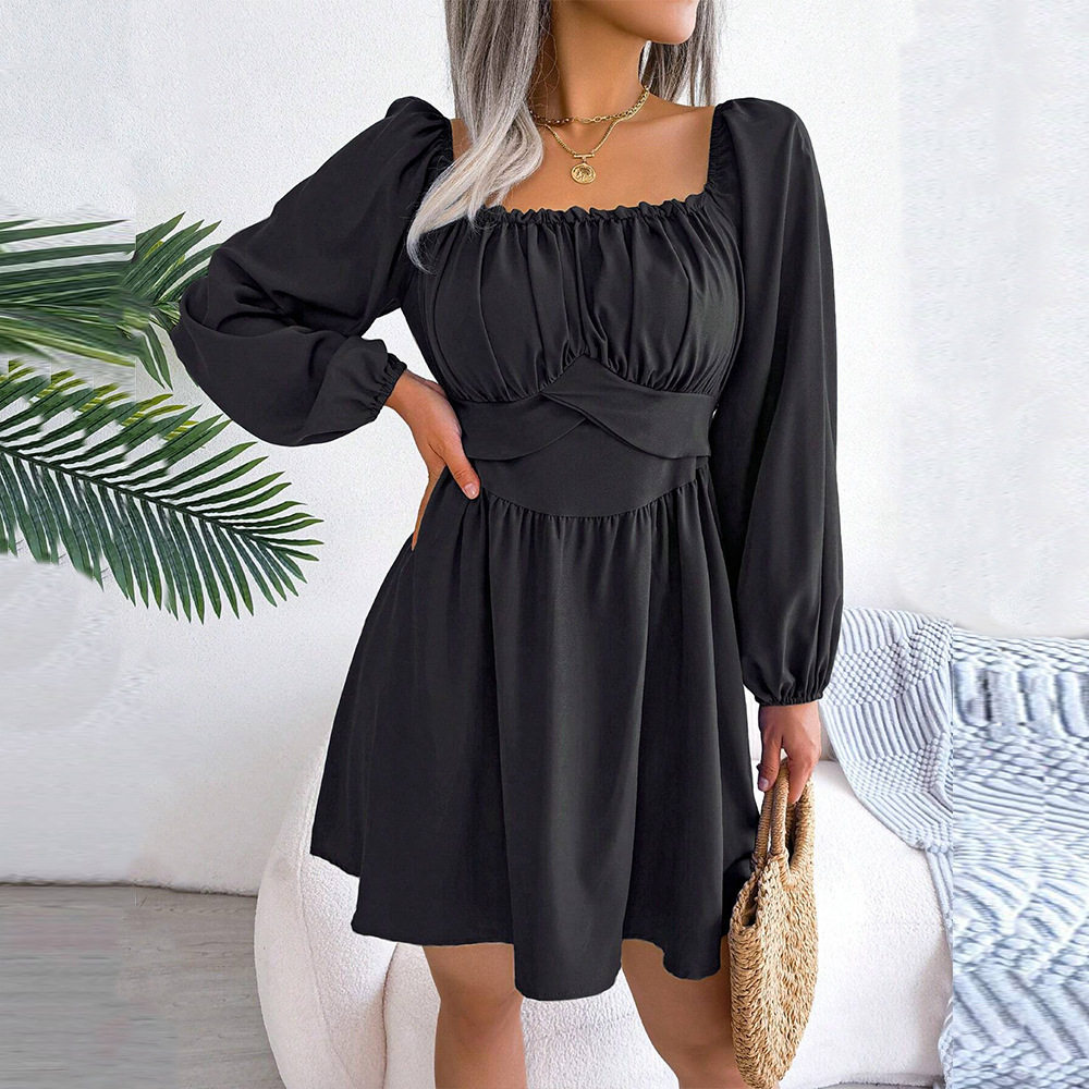 French Style Womens Dress Square Neck Pleated Waist Defining Slim Fit Autumn Winter Casual Wear Wholesale