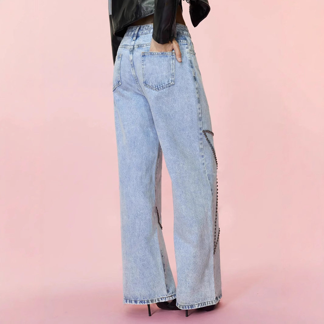 Loose Fit Vintage Beaded Denim Pants Womens Casual Style European and American Fashion Wholesale Available