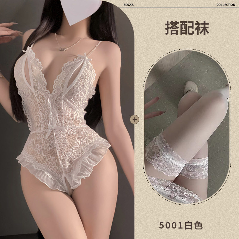 浪漫紫-情趣内衣性感蕾丝镂空连体衣女开裆激情免脱套装睡衣诱惑