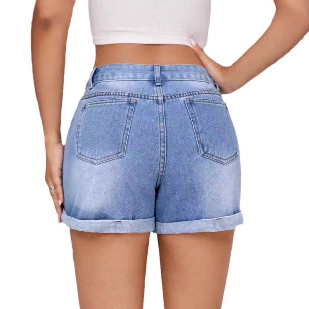 Loose Fit High Waisted Denim Shorts Versatile Flattering Rolled Hem Casual Summer Wear Wholesale Available