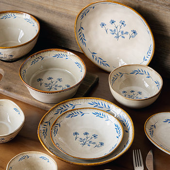 Freesia Series of Antique-Style Tableware, Ceramic Dishes, High-Looking Rice Bowls, Deep Plates, Household Dish Bowls, Cross-Border Export