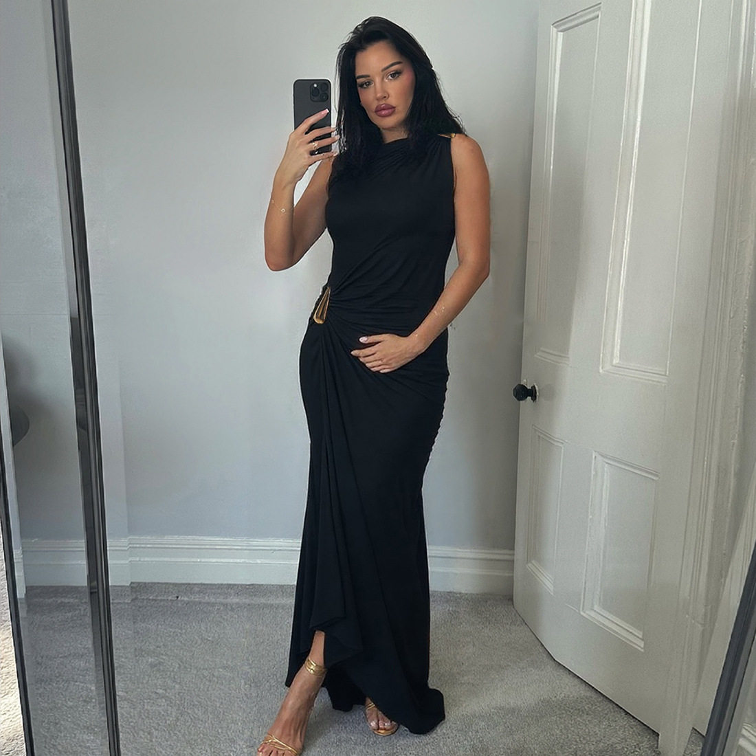 Sleeveless Bodycon Dress Solid Color Metallic Accents Side Slit Autumn Fashion for Women Wholesale Available