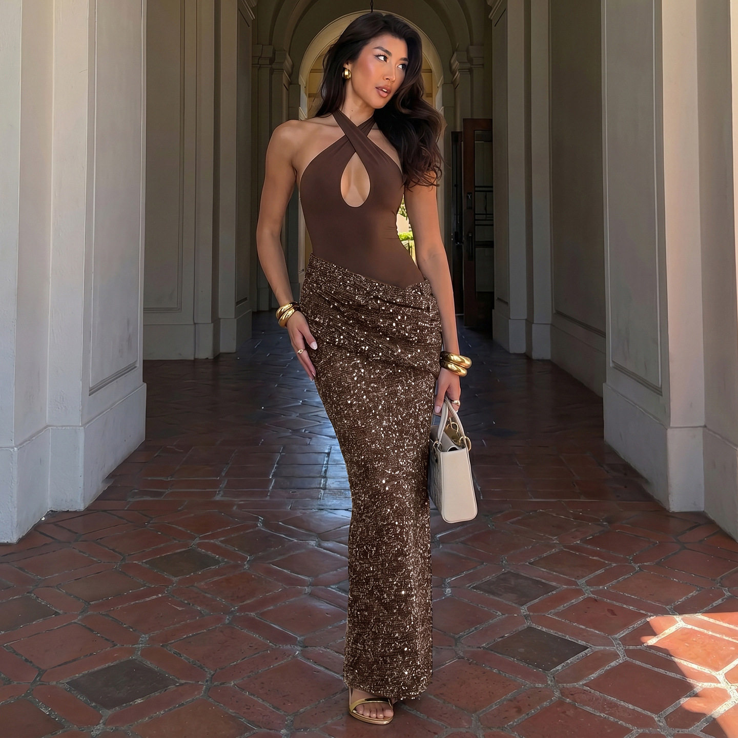 Summer Womens Bodycon Dress Sexy Hollow Cross Neck Stylish Sequins Slim Fit Evening Party Wear OEM Available