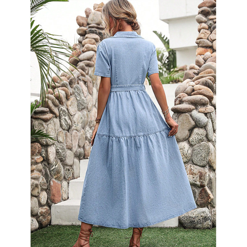 Elegant V Neck Denim Dress Womens Fashion European and American Style Chic Design Perfect for Casual Outings