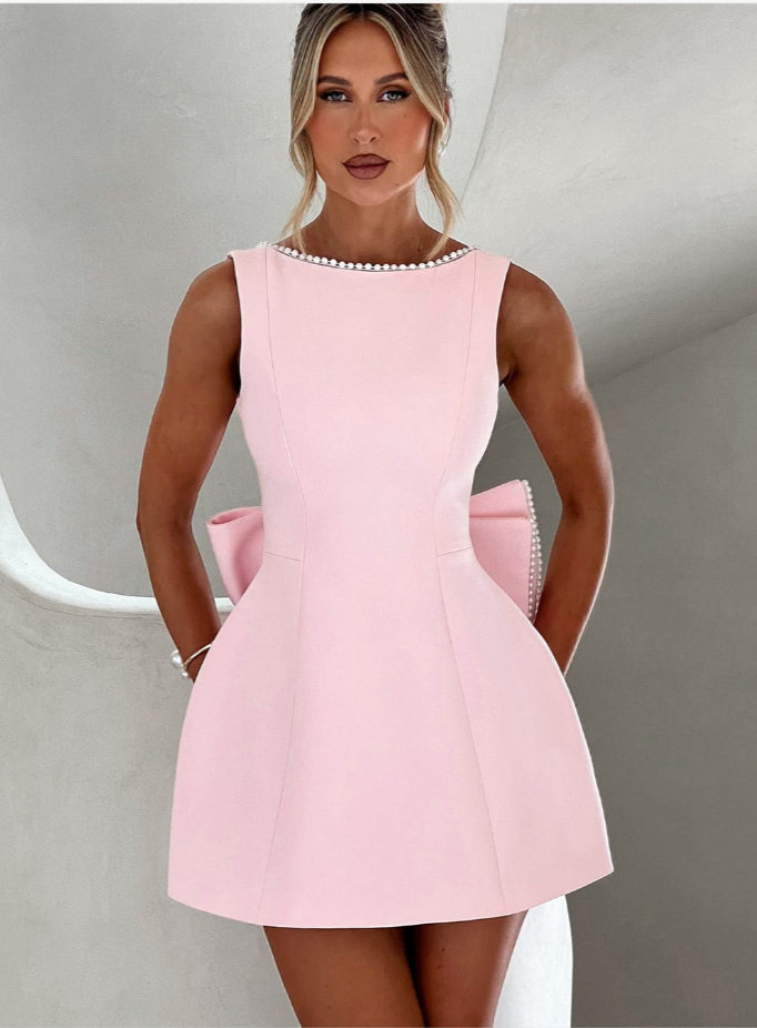 Summer Womens A Line Dress Pearl Bow Detail Slim Fit Backless Design Stylish Casual Wear for Parties Wholesale