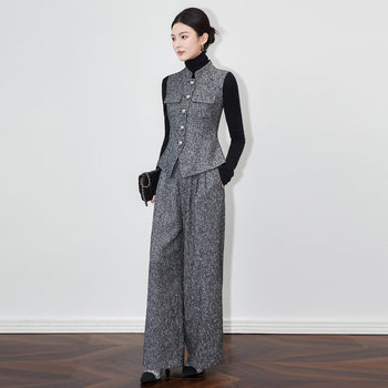 2512611-Nanyou Accessible Luxury High-End Tweed Waist Vest + Pants Two-Piece Suit for Women